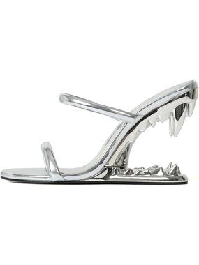 Women's Silver Strappy Heel Round Open Toe Metallic Shark Tiger Teeth Sandals